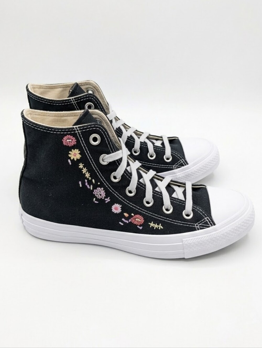 Converse Women's High Top Sneakers Black Canvas with Floral Embroidery